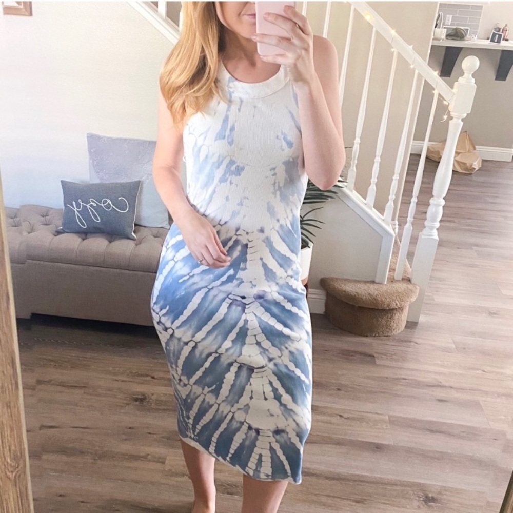 NWT YFB Midi Dress in Blue/White Tie Dye Boho Coastal XS
